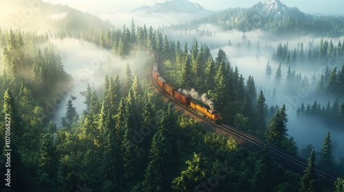 Aerial view of a freight train traversing a misty forest landscape showcasing the serene beauty of summer with fog covered trees photo