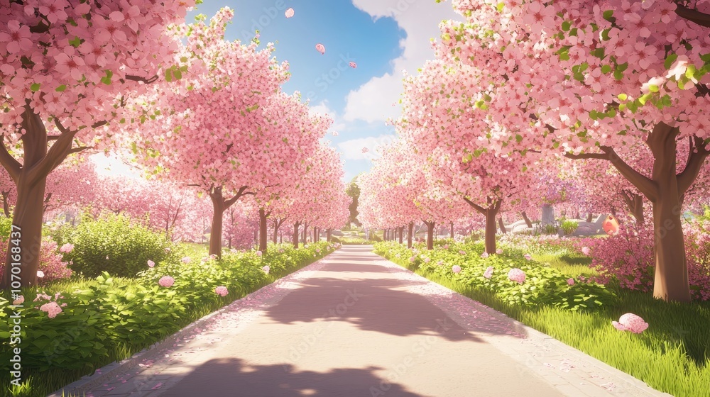 Cherry blossom trees lining the entrance path to a public garden creating a picturesque welcome Cherry blossom trees lining the entrance path to a public garden creating a picturesque welcome