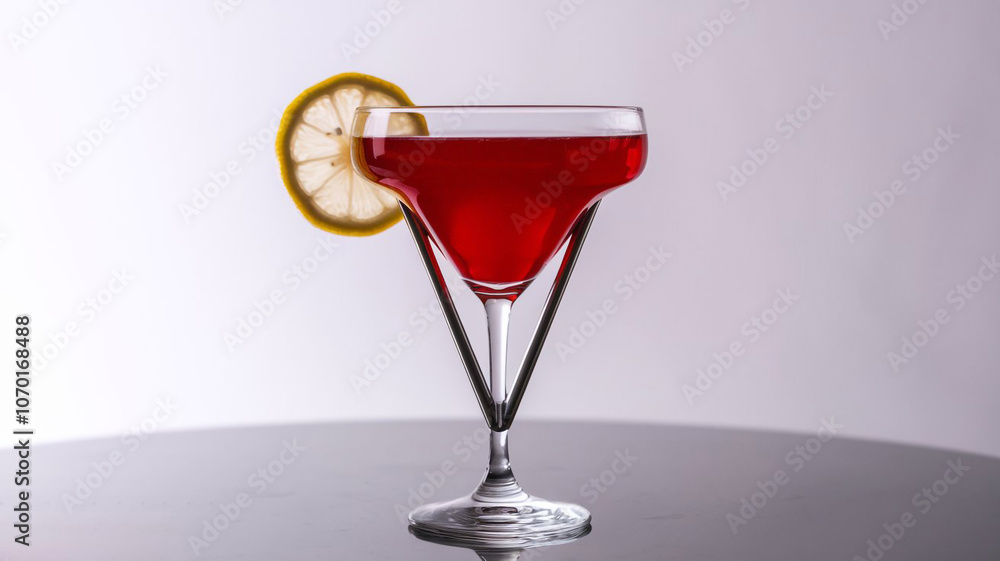 Red Cocktail with Lemon Garnish in Martini Glass on Table Red Cocktail with Lemon Garnish in Martini Glass on Table
