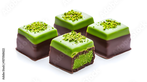  Dubai chocolate. Chocolate bar with green pistachio pasta and crunchy kadayif isolated on white background. photo