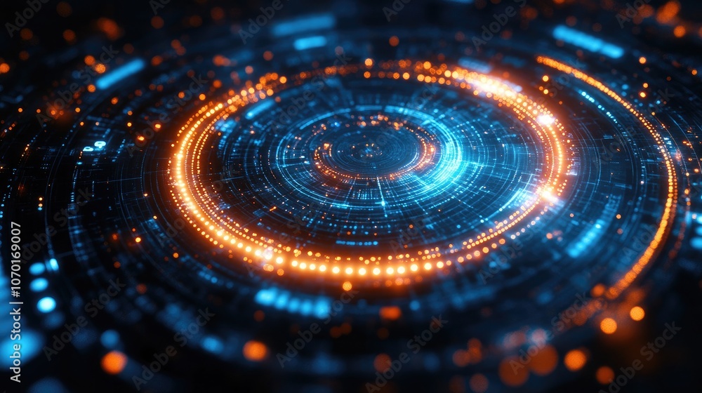 Stunning Abstract Visualization of Concentric Circular Patterns Illuminated by Blue and Orange Lights, Creating a Vibrant Atmosphere that Represents Digital Innovation, Technology, and Modern Aestheti Stunning Abstract Visualization of Concentric Circular Patterns Illuminated by Blue and Orange Lights, Creating a Vibrant Atmosphere that Represents Digital Innovation, Technology, and Modern Aestheti