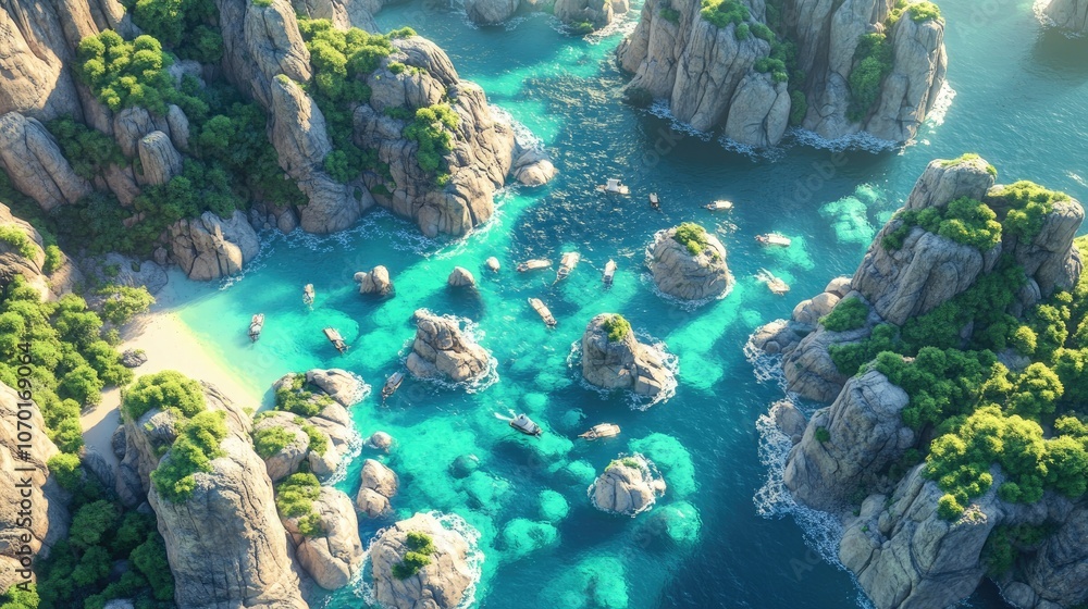 Aerial view of jagged rocks enveloped by shimmering greenish blue waters showcasing natural beauty and coastal scenery Aerial view of jagged rocks enveloped by shimmering greenish blue waters showcasing natural beauty and coastal scenery