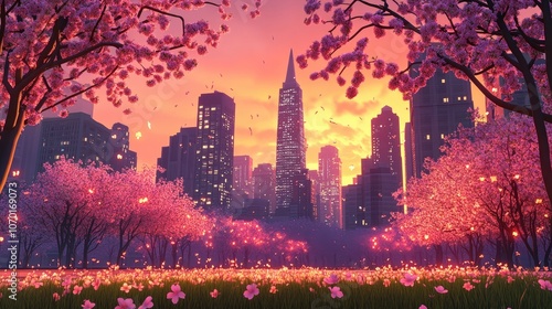 Evening view of cherry trees blossoming in Hunter s Point South Park with towering skyscrapers in the background showcasing urban spring beauty photo