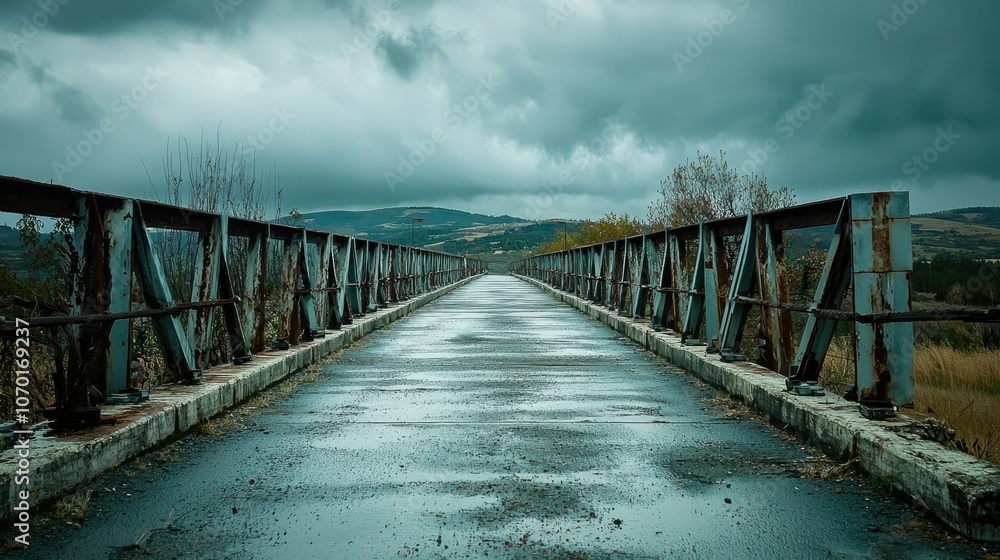 A long, straight, metal bridge with rusty railings leading to a mountain range under a dark, cloudy sky. A long, straight, metal bridge with rusty railings leading to a mountain range under a dark, cloudy sky.