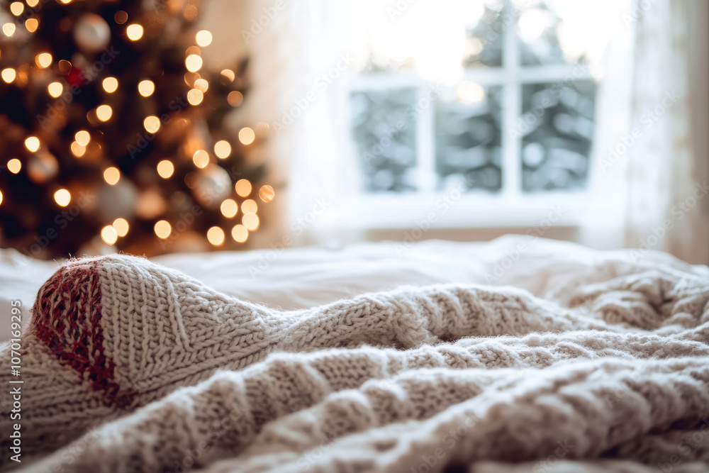 Cozy Christmas morning in bedroom with white knit blanket on bed, Christmas tree in background Cozy Christmas morning in bedroom with white knit blanket on bed, Christmas tree in background