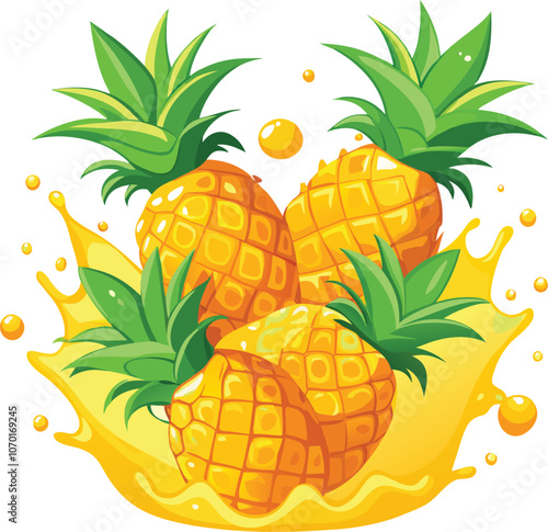 set of fresh delicious pineapples splashing