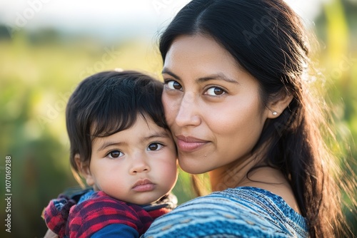 Mother and child share a tender moment outdoors.