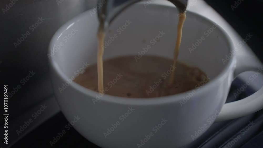 A hand held top angled side close-up shot of coffee being poured in a coffee cup from a coffee machine at a coffee shop A hand held top angled side close-up shot of coffee being poured in a coffee cup from a coffee machine at a coffee shop