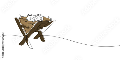 A single line drawing of the Jesus Christ baby in a manger. Continuous line christmas feeder for animals icon in color. One line icon. Vector illustration.