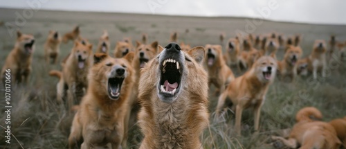 A pack of wild dogs, fierce and untamed, showcase their strength and unity amidst a vast grassy expanse, evoking a sense of untamed wilderness. photo