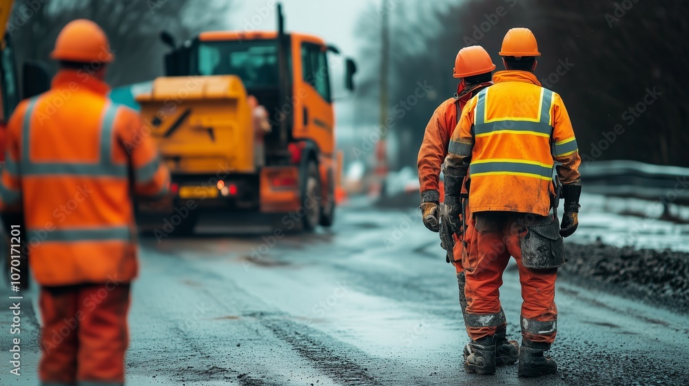 Construction workers in safety gear monitor road repair project on a cloudy day near urban area Construction workers in safety gear monitor road repair project on a cloudy day near urban area