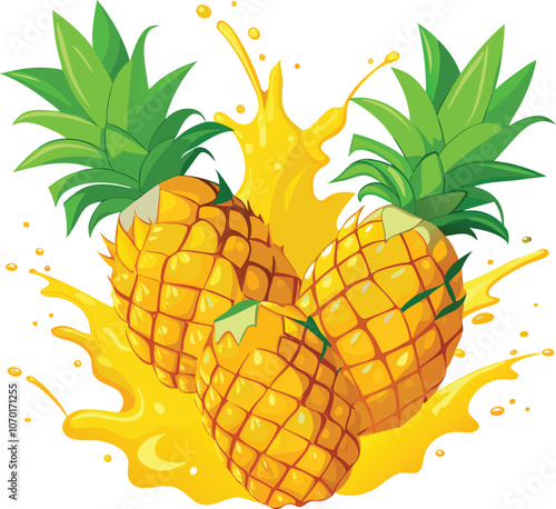 set of fresh delicious pineapples splashing