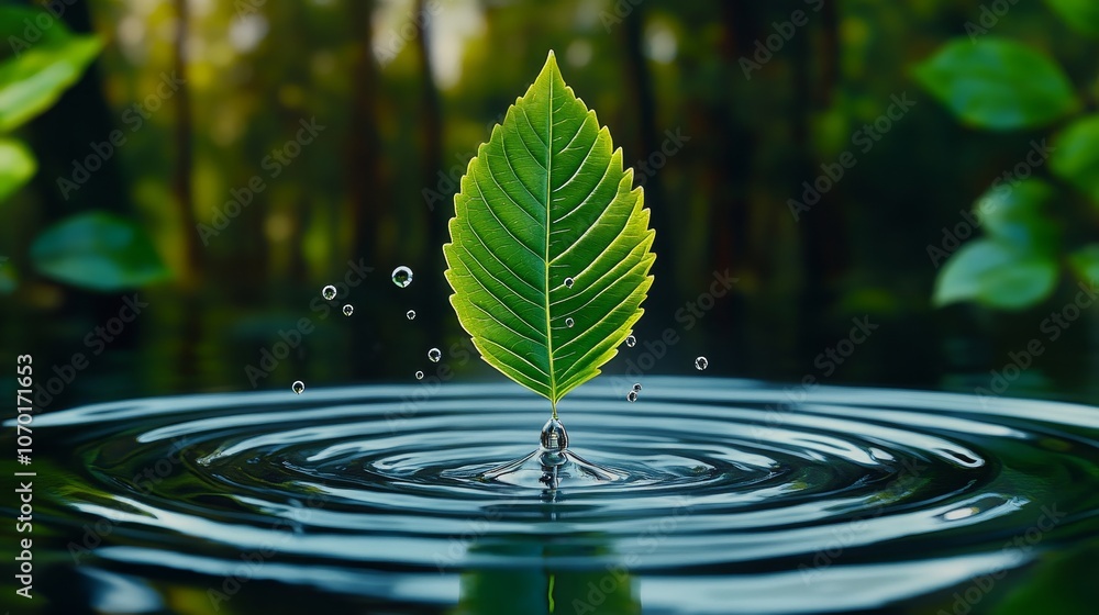Green Leaf Floating on Water with Ripples and Water Drops Nature Ecology Sustainability Green Leaf Floating on Water with Ripples and Water Drops Nature Ecology Sustainability