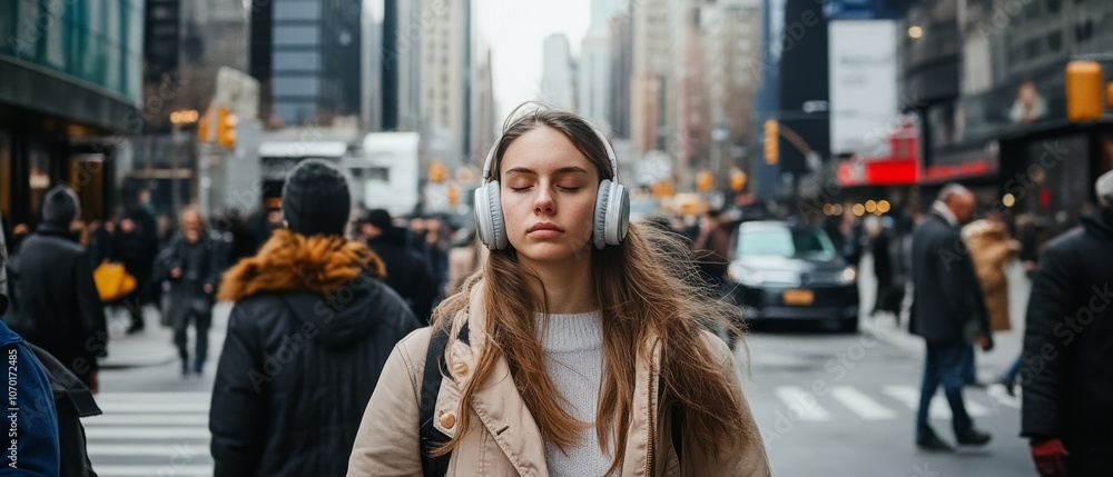 Obraz premium A woman moves through the urban rush, eyes closed, headphones enveloping her in a private world amidst city life chaos.