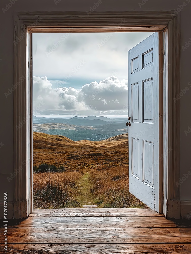 Open door revealing a scenic outdoor landscape Open door revealing a scenic outdoor landscape