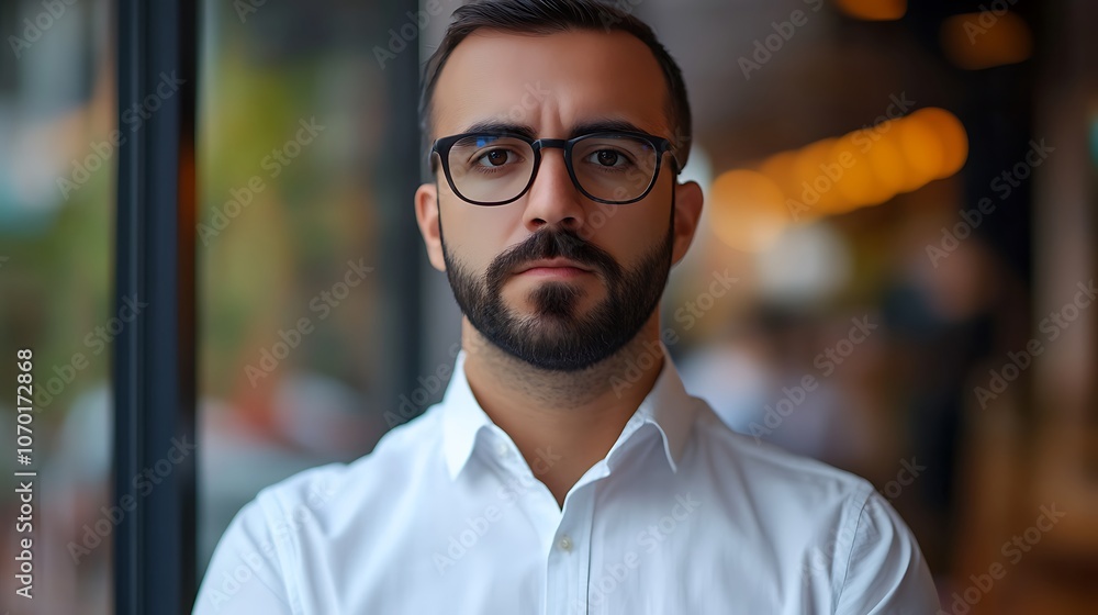 A man with glasses and a beard is standing in front of a window A man with glasses and a beard is standing in front of a window