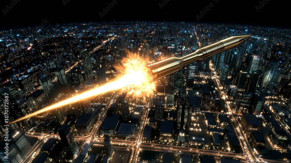 Missile Launch Over Night Cityscape Fire Explosion Urban Warfare Missile Launch Over Night Cityscape Fire Explosion Urban Warfare