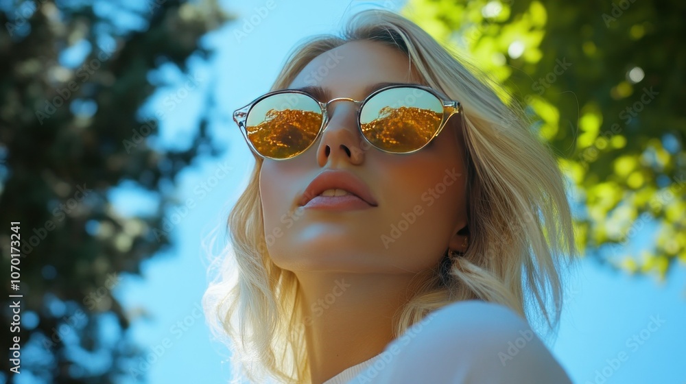 Stylish Woman in Sunglasses Under Bright Blue Sky Stylish Woman in Sunglasses Under Bright Blue Sky