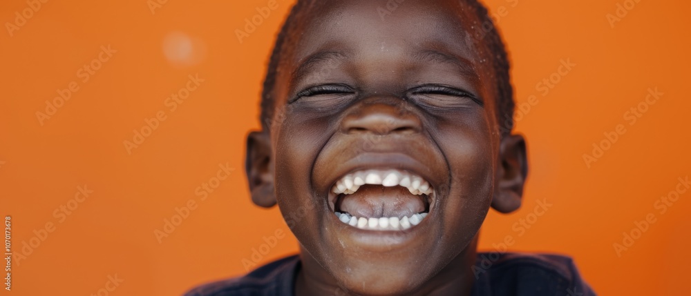 A child's face lights up with a hearty laugh against a bright orange backdrop, capturing pure, contagious joy and innocence. A child's face lights up with a hearty laugh against a bright orange backdrop, capturing pure, contagious joy and innocence.