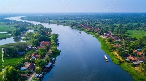 Wallpaper Mural Beautiful riverbank community with traditional homes and dense vegetation, captured from a high angle on a clear day.
 Torontodigital.ca