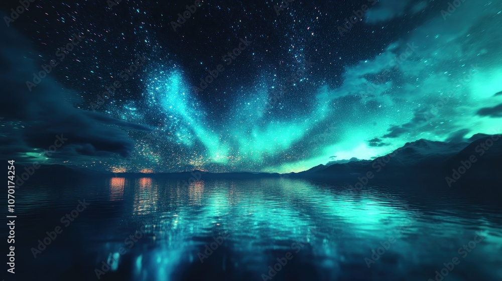 Night Sky Over Calm Water with Stars and Aurora Night Sky Over Calm Water with Stars and Aurora