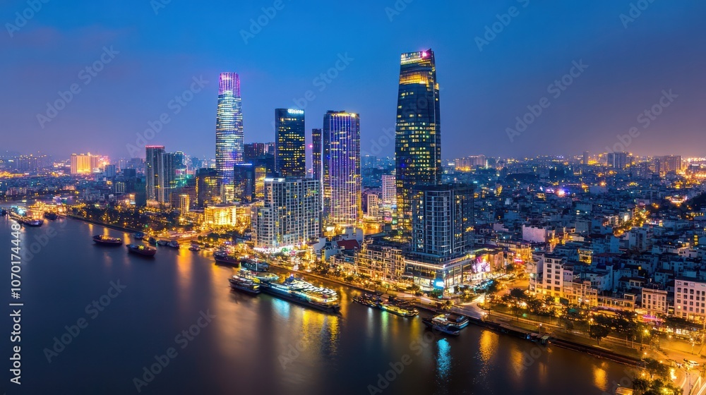 Obraz premium investor relations experts in Vietnam planning client outreach, digital resources visible,