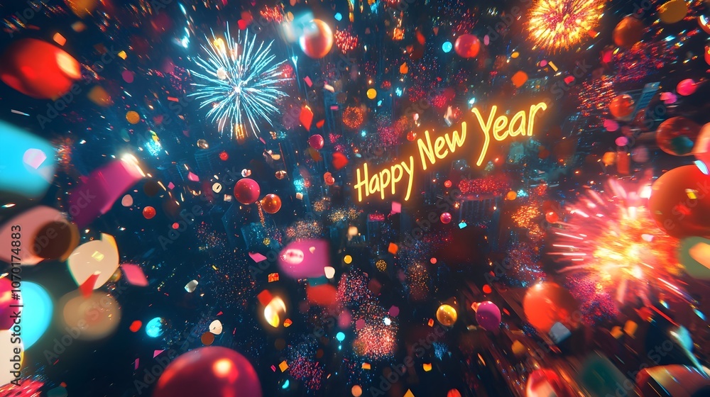 Vibrant and festive New Year's banner featuring a dazzling display of colorful fireworks,cascading confetti,and bold gold text against a dark sky backdrop. Vibrant and festive New Year's banner featuring a dazzling display of colorful fireworks,cascading confetti,and bold gold text against a dark sky backdrop.