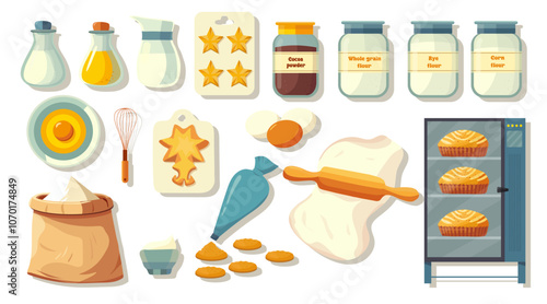 A set of ingredients for baking. Products and kitchen tools for baking, Oven, Blender, Kondyresky bag, flour, rye, corn, whole grain. Cookies, forms for baking. Vector