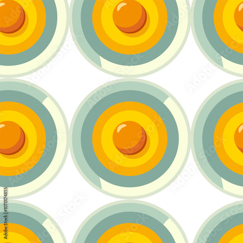 Seamless pattern of raw egg in a plate, yellow, broken, isolated. Vector