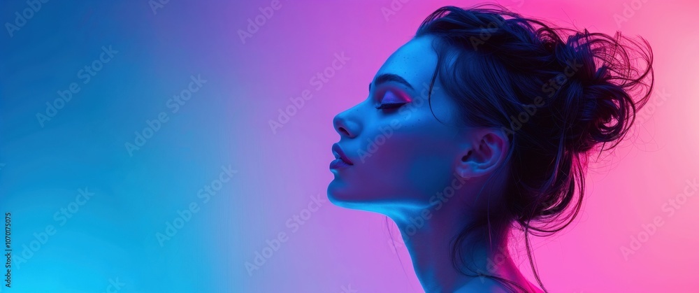 Artistic profile portrait of a woman with messy updo hairstyle against gradient background, dramatically lit with neon blue and pink lights creating a cyberpunk aesthetic Artistic profile portrait of a woman with messy updo hairstyle against gradient background, dramatically lit with neon blue and pink lights creating a cyberpunk aesthetic