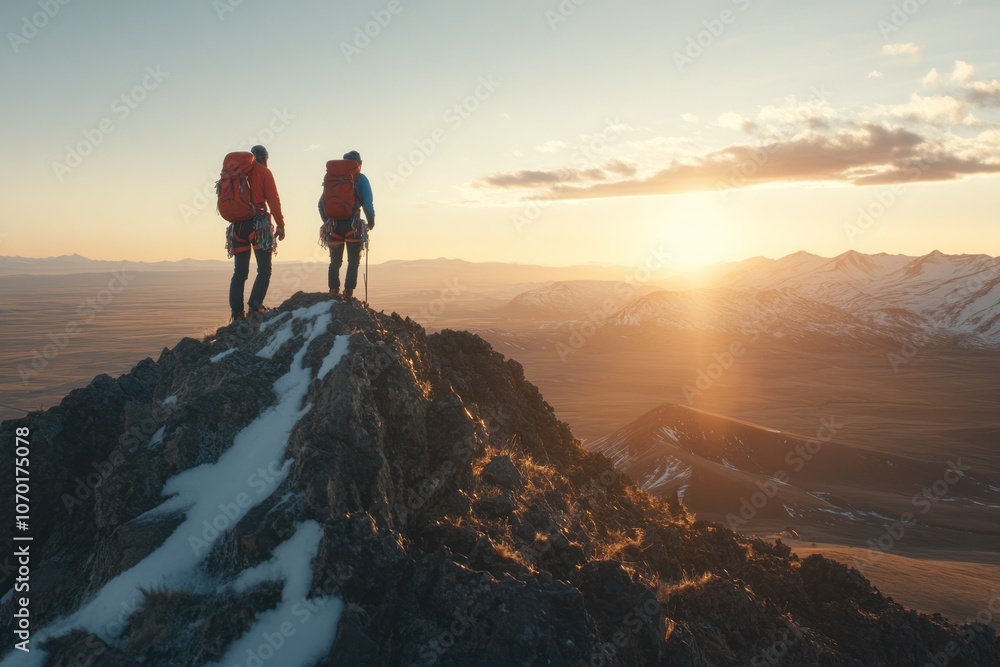 Fototapeta premium Adventure at Sunset: Climbers on Mountain Peak