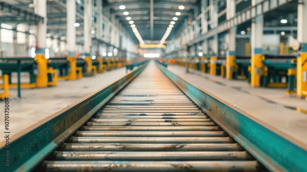 Fototapeta premium Abandoned Factory Conveyor Belts, an industrial scene of desolation, dust settles on unused machinery, silence reigns in a space once bustling with activity.