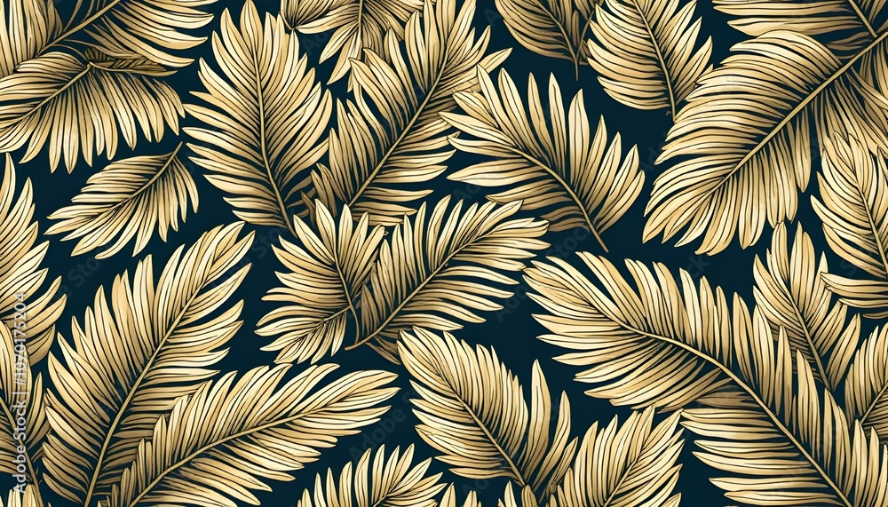 A luxurious tropical leaf wallpaper design featuring an elegant pattern of golden banana leaf line arts. The hand-drawn outline design is showcased in high-definition A luxurious tropical leaf wallpaper design featuring an elegant pattern of golden banana leaf line arts. The hand-drawn outline design is showcased in high-definition
