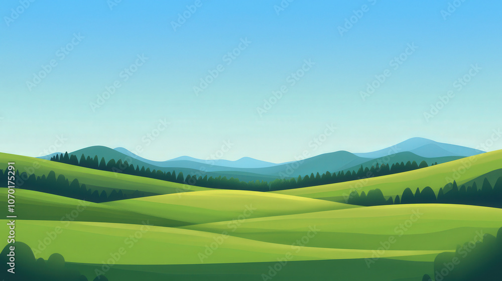Vibrant Green Meadows Under a Bright Blue Sky, a flat design illustration showcasing lush greenery and a serene atmosphere, perfect for nature-themed projects. Vibrant Green Meadows Under a Bright Blue Sky, a flat design illustration showcasing lush greenery and a serene atmosphere, perfect for nature-themed projects.