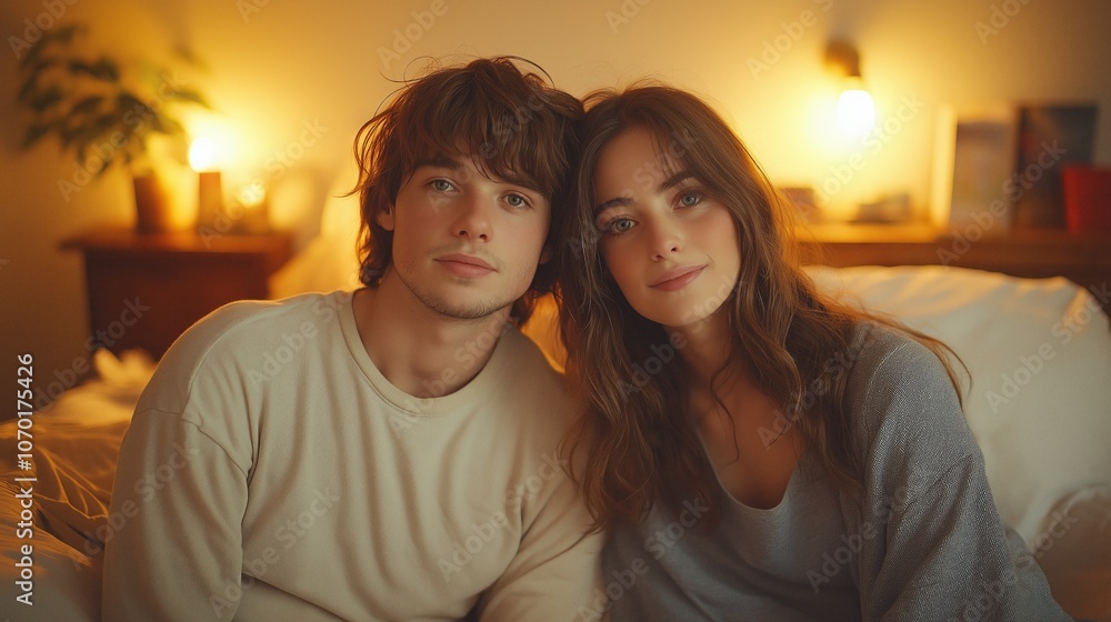 A cozy couple relaxes in a warmly lit bedroom setting. A cozy couple relaxes in a warmly lit bedroom setting.