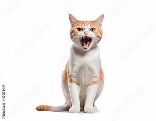 Angry surprised cat is screaming with its mouth wide open, looking curiously at the camera