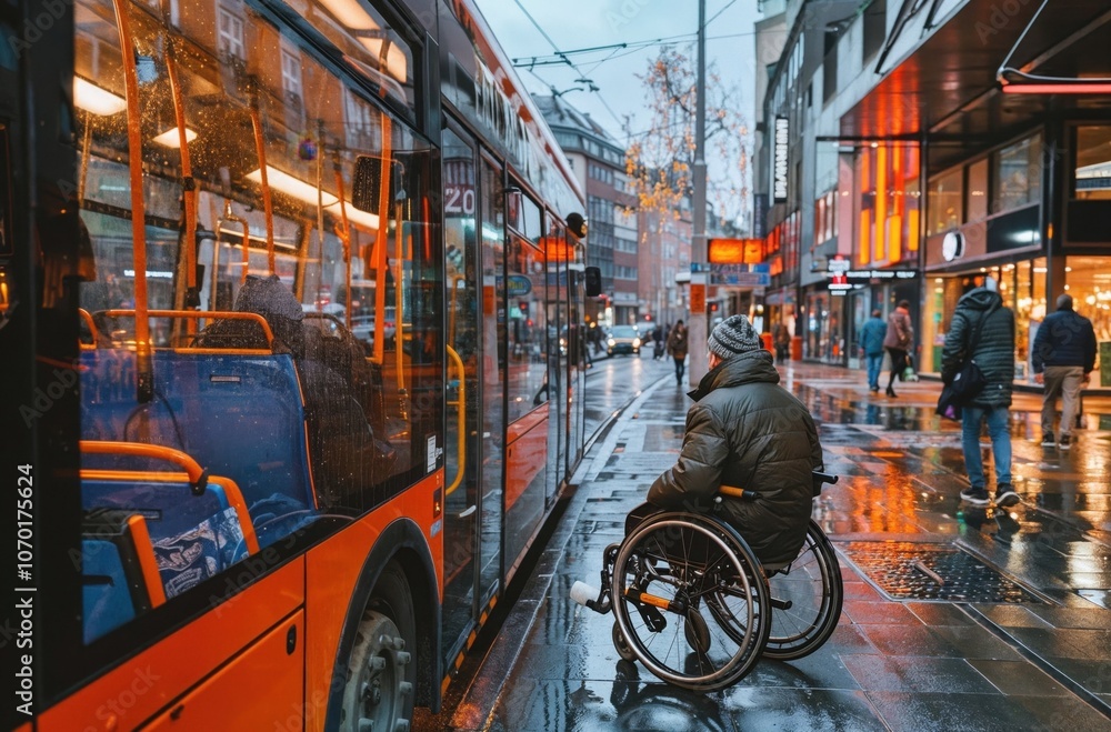 Naklejka premium Person in wheelchair waiting at a bus stop on a rainy evening, next to an orange city bus, with wet reflective streets and glowing store lights in the background