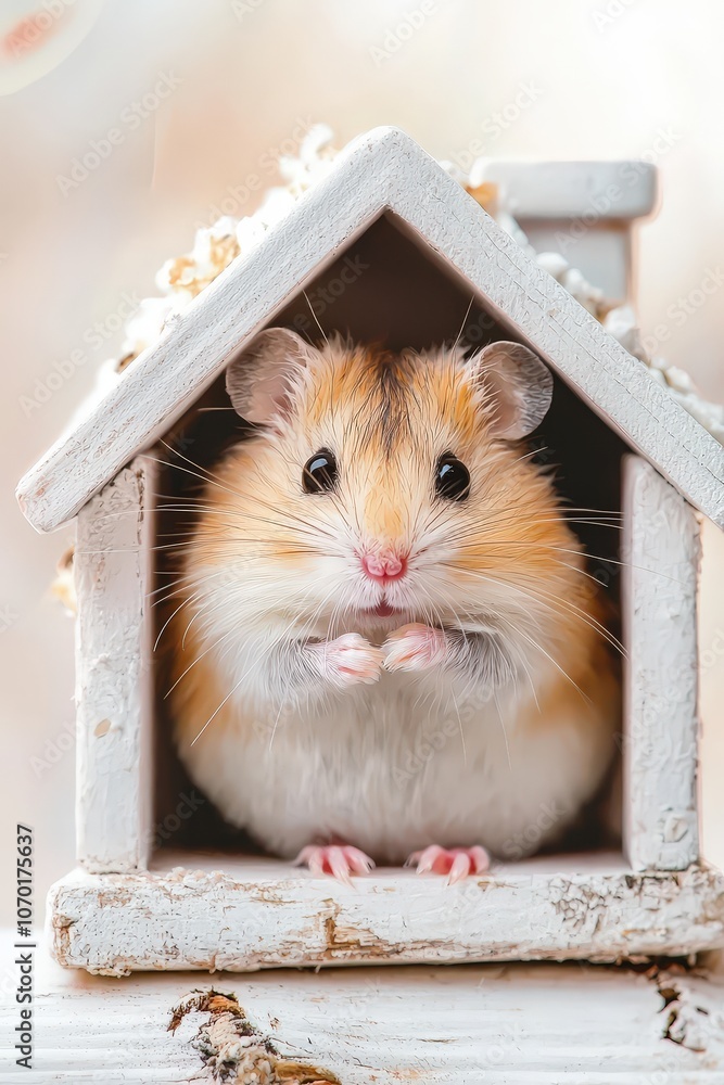 Obraz premium Hamster inside miniature house, isolated on a white backdrop