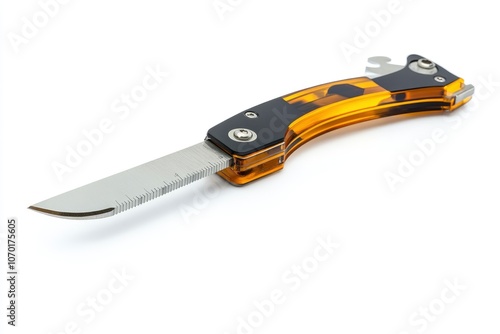 A yellow and black pocket knife with a sharp blade. photo