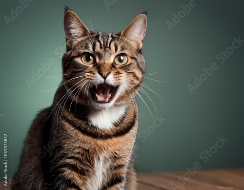 Angry surprised cat is screaming with its mouth wide open, looking curiously at the camera