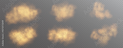 Dust cloud. Desert smoke. Sandstorm. Brown flying particle. 3D smog explosion. Grain spray with glitter.