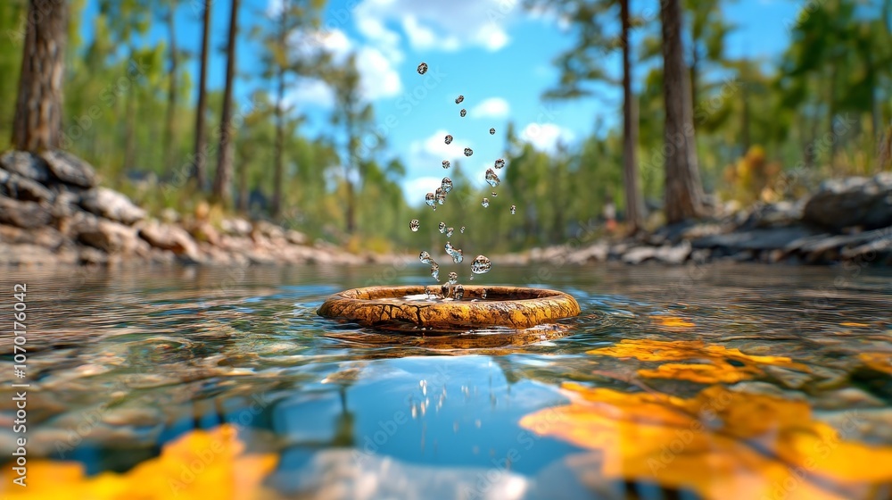 Water Droplets Splashing on Stone in Tranquil Forest Stream Water Droplets Splashing on Stone in Tranquil Forest Stream