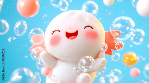 Joyful Axolotl in Bubble Bath: An adorable axolotl, rendered in a charmingly cute style, joyfully floats amidst a flurry of colorful bubbles. Perfect for children's products, websites.