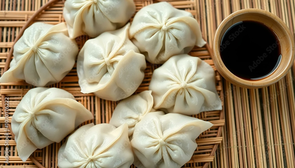 Steamed dumplings served on bamboo plate with soy sauce Steamed dumplings served on bamboo plate with soy sauce