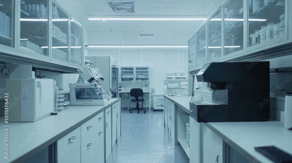 A modern laboratory with white cabinets, countertops, and a chair in the middle of the room. A modern laboratory with white cabinets, countertops, and a chair in the middle of the room.