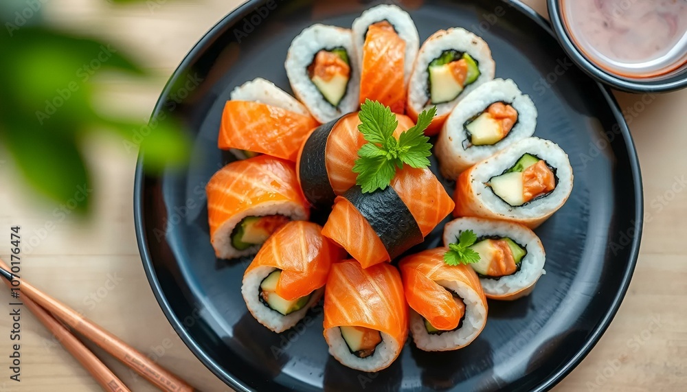 Delicious sushi platter with assorted rolls and salmon on black plate Delicious sushi platter with assorted rolls and salmon on black plate