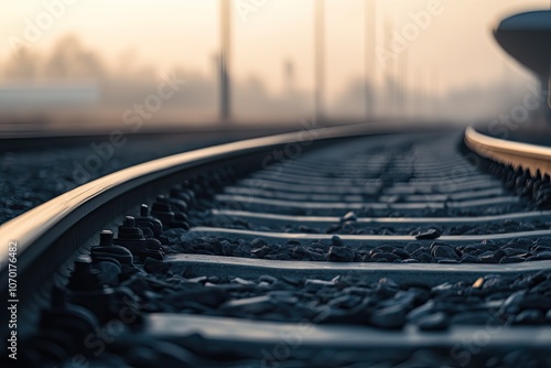 A train track is winding its way through a fogladen forest photo