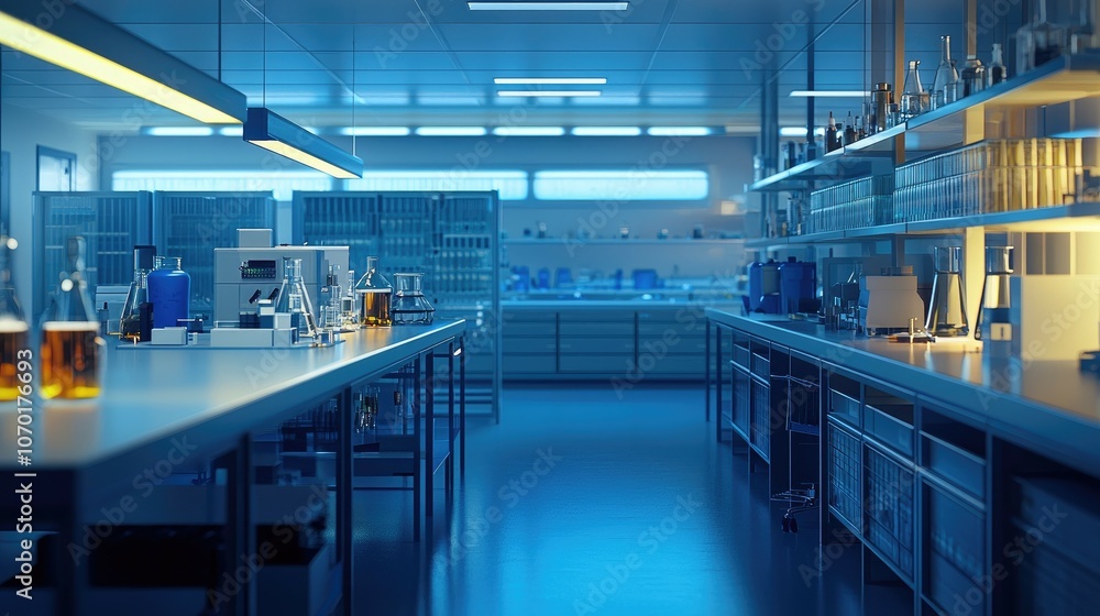 Fototapeta premium A modern, well-equipped laboratory with stainless steel countertops, glassware, and shelving.