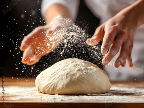 A person kneading bread dough on a floured wooden surface, with flour dusting the kitchen counter and hands in motion.