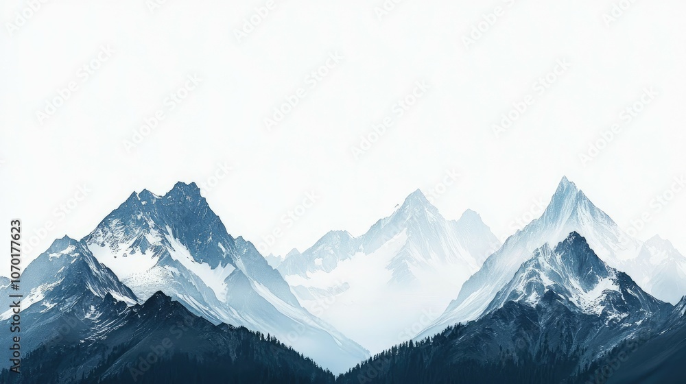 Obraz premium A panoramic view of snow-capped mountains against a white sky.